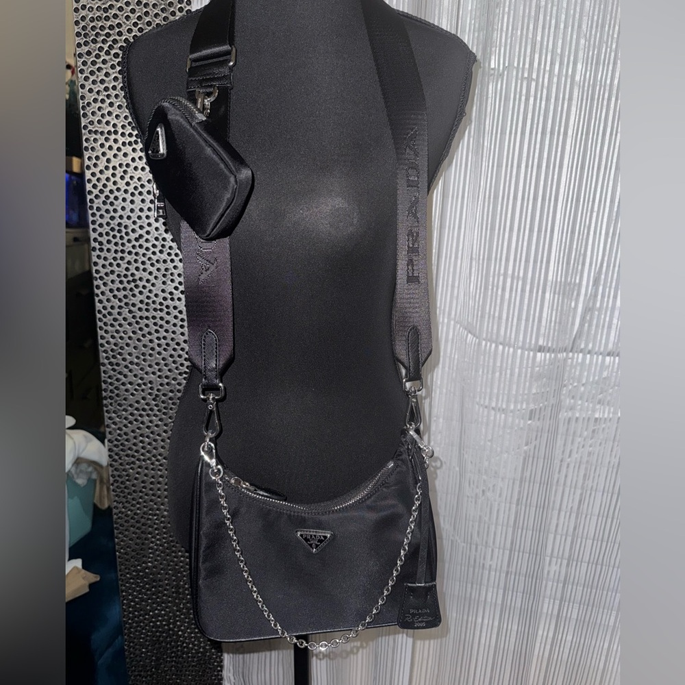 Black Nylon Crossbody with Chain Detail - Picture 2 of 5